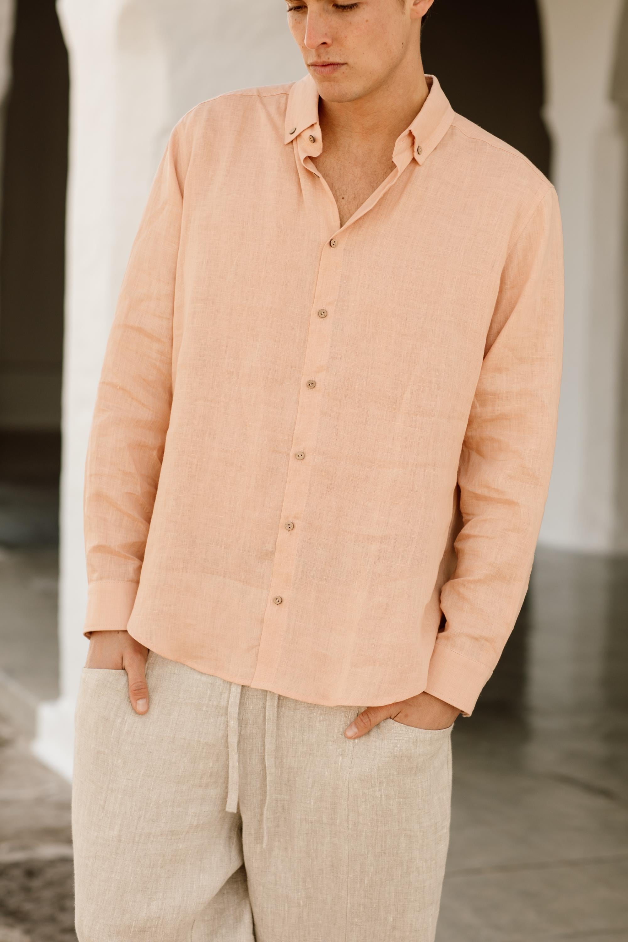Mens Linen Shirt - Long Sleeve Lightweight Peach Linen Shirt for Men - Relaxed Fit Button Down Gift - Peach NEVADA