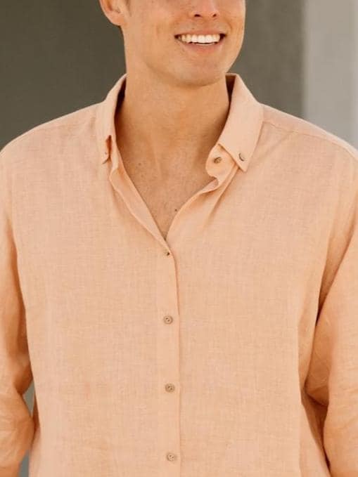 Mens Linen Shirt - Long Sleeve Lightweight Peach Linen Shirt for Men - Relaxed Fit Button Down Gift - Peach NEVADA