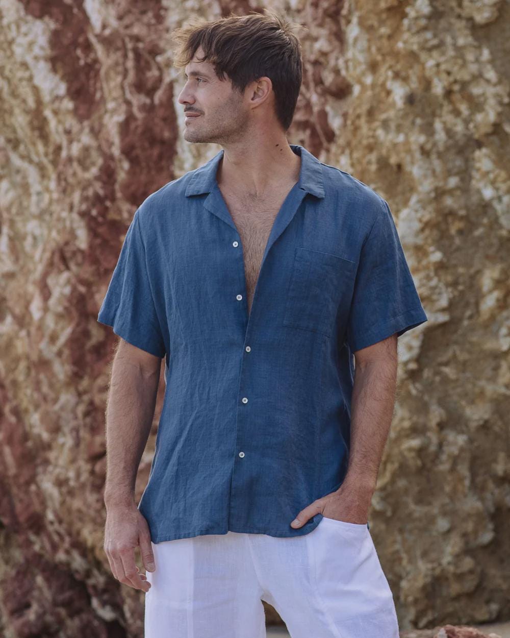 Mens Linen Camp Shirt - Short Sleeve Button Up Shirt for Men - Lightweight Relaxed Fit Vacation Shirt - Cream White HAWI