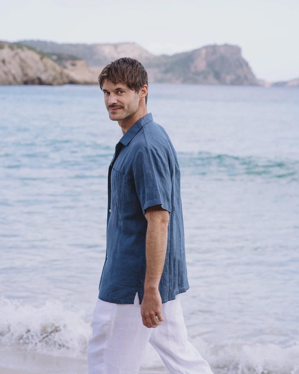 Mens Linen Camp Shirt - Short Sleeve Button Up Shirt for Men - Lightweight Relaxed Fit Vacation Shirt - Cream White HAWI
