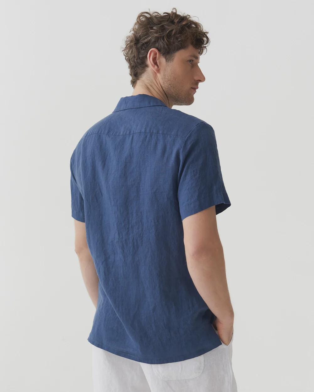 Mens Linen Camp Shirt - Short Sleeve Button Up Shirt for Men - Lightweight Relaxed Fit Vacation Shirt - Deep Navy Blue HAWI