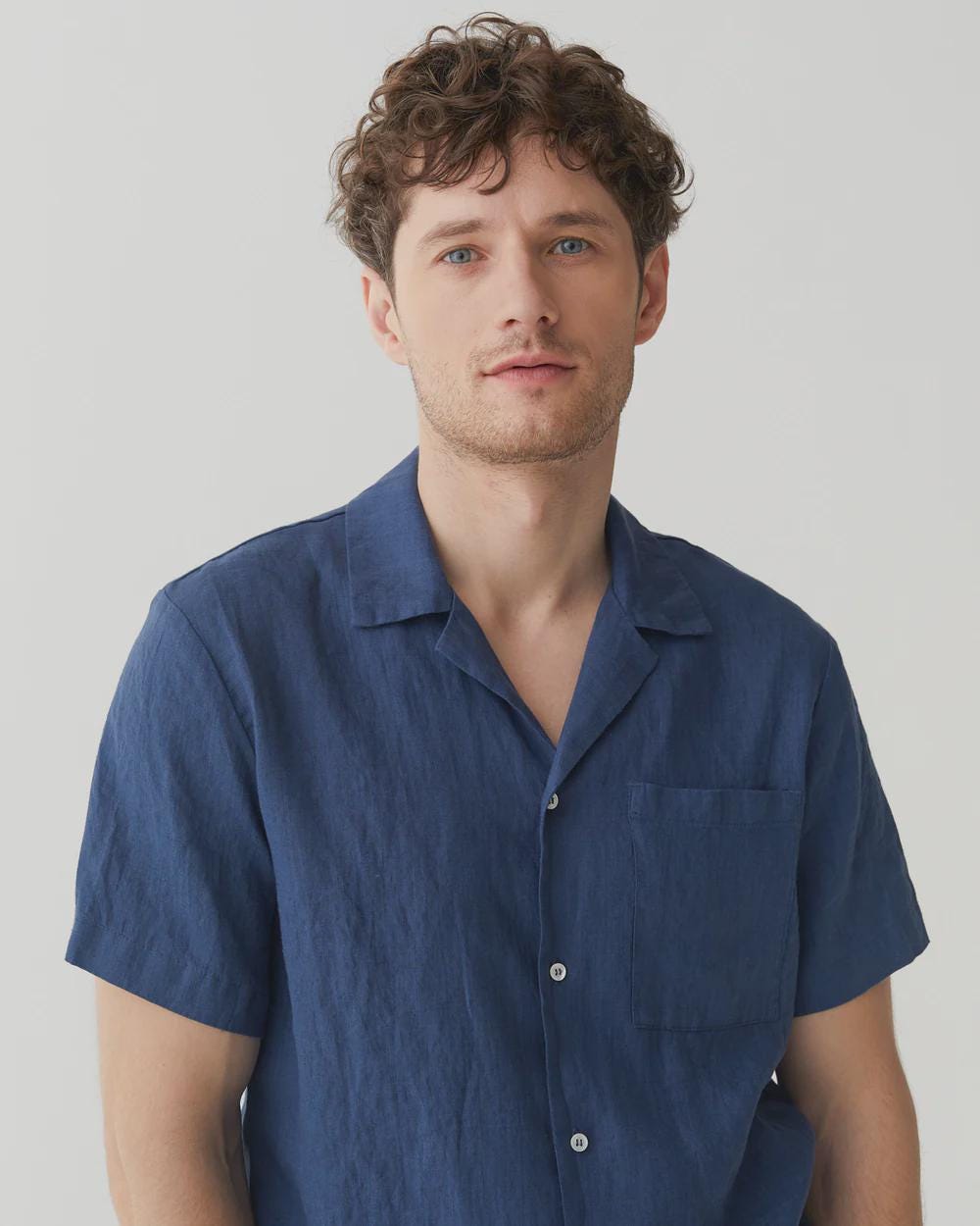 Mens Linen Camp Shirt - Short Sleeve Button Up Shirt for Men - Lightweight Relaxed Fit Vacation Shirt - Deep Navy Blue HAWI