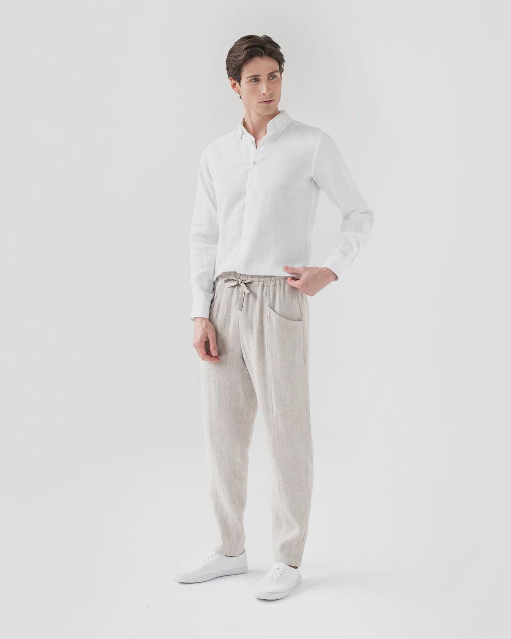 Mens Linen Pants - Natural Melange Trousers with Elastic Waist and Cargo Pockets - Breathable Clothing - Lightweight Outfit TRUCKEE