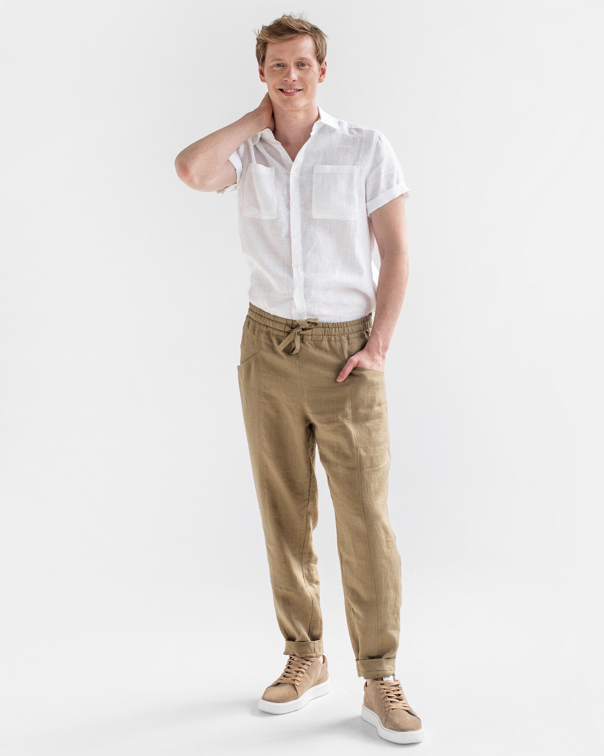 Mens Linen Pants - Dried Moss Trousers with Elastic Waist and Cargo Pockets - Lightweight Wear for Men - Breathable Outfit TRUCKEE