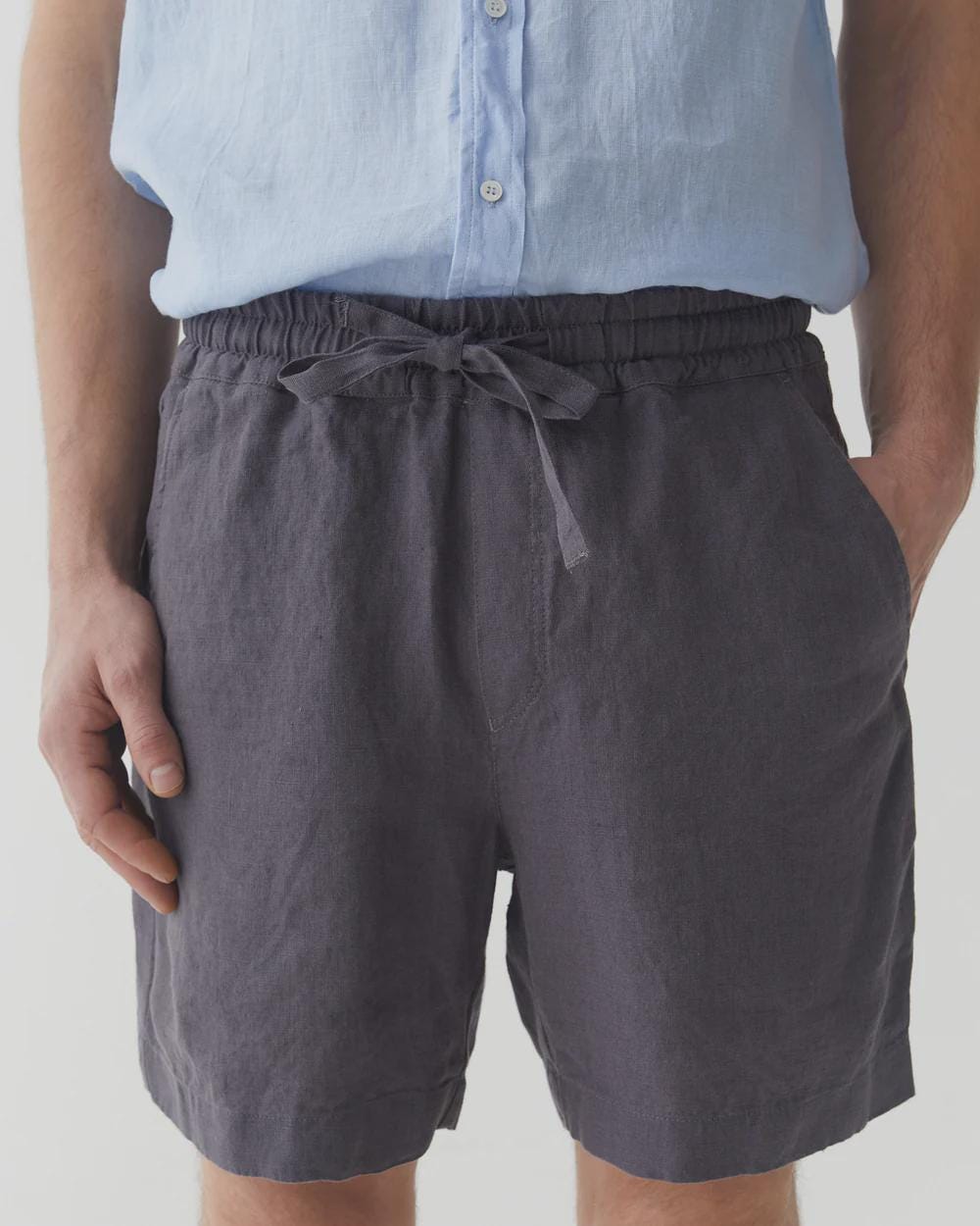Mens Linen Shorts - Black Drawstring Shorts with Relaxed Fit - Lightweight Ethical Vacation Clothing - Breathable Outfit, Look STOWE