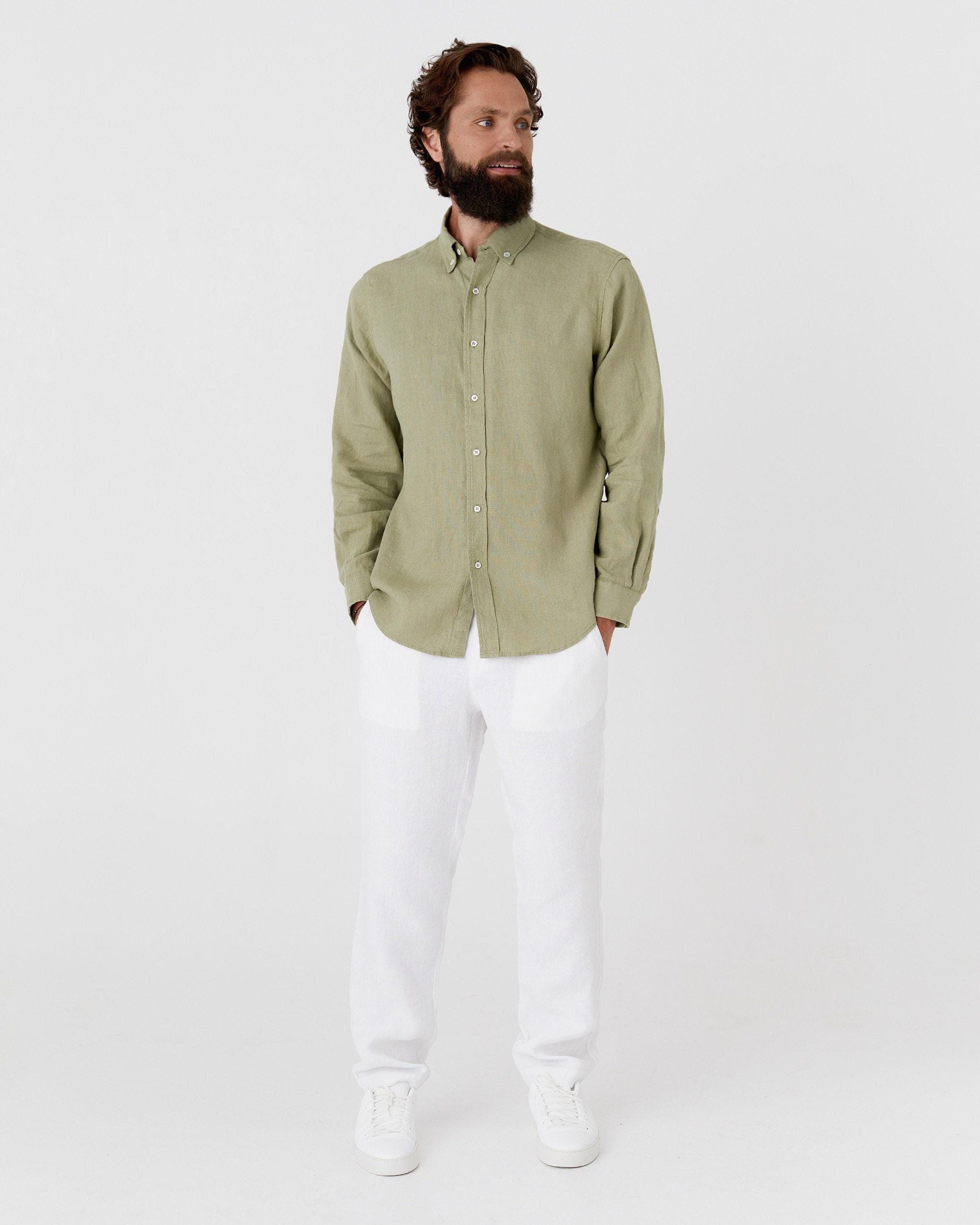 Sage Green Linen Shirt for Men - Long Sleeve Lightweight Button Down Shirt - Relaxed Fit Shirt - Natural Style SINTRA