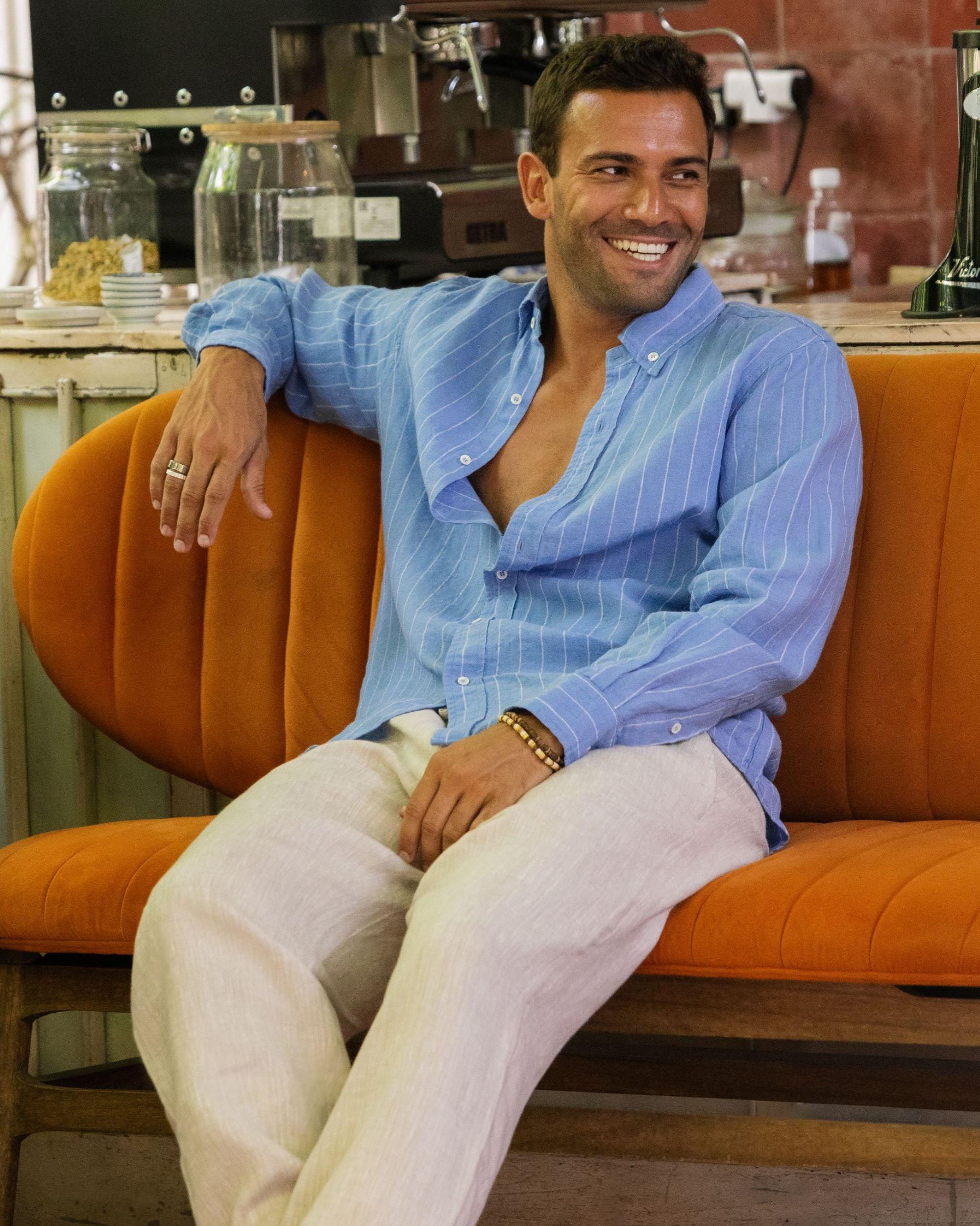 Mens Linen Shirt - Blue Striped Long Sleeve Shirt - Lightweight Linen Shirt - Relaxed Fit Button Down Shirt - SINTRA