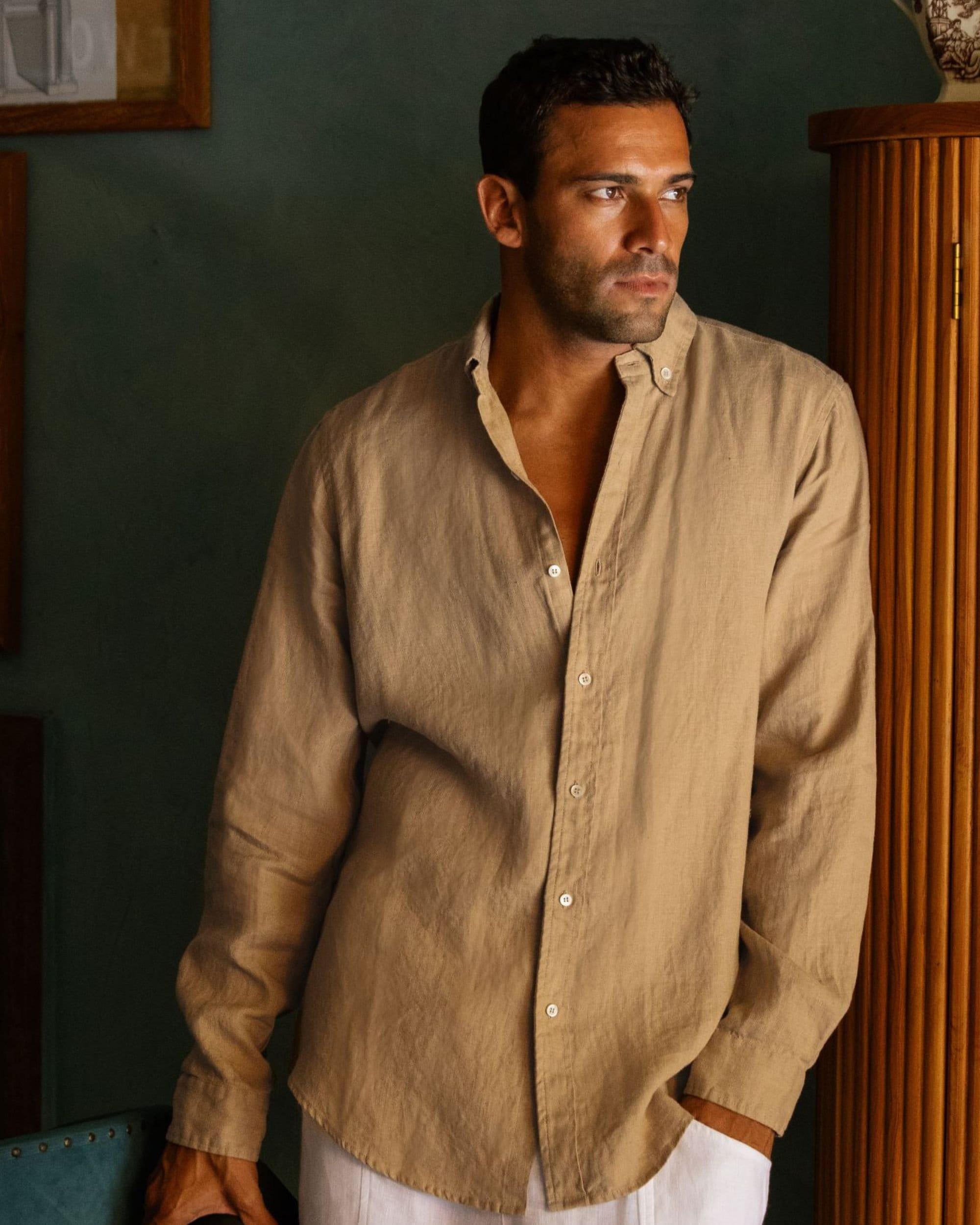 Mens Linen Shirt - Blue Striped Long Sleeve Shirt - Lightweight Linen Shirt - Relaxed Fit Button Down Shirt - SINTRA