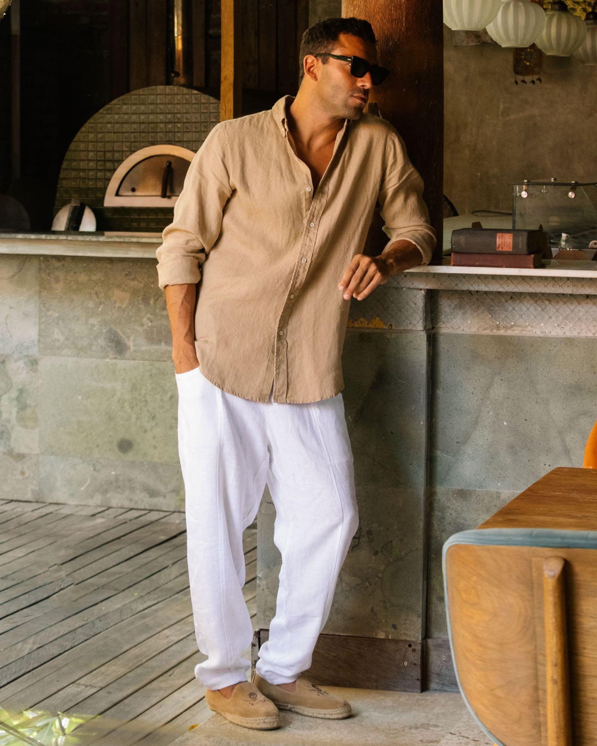 Men's Linen Shirt in Wheat - Classic Button-Down Shirt for Men - Long Sleeve Lightweight Linen Outfit, Look - Organic Clothing SINTRA
