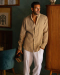 Men's Linen Shirt in Wheat - Classic Button-Down Shirt for Men - Long Sleeve Lightweight Linen Outfit, Look - Organic Clothing SINTRA
