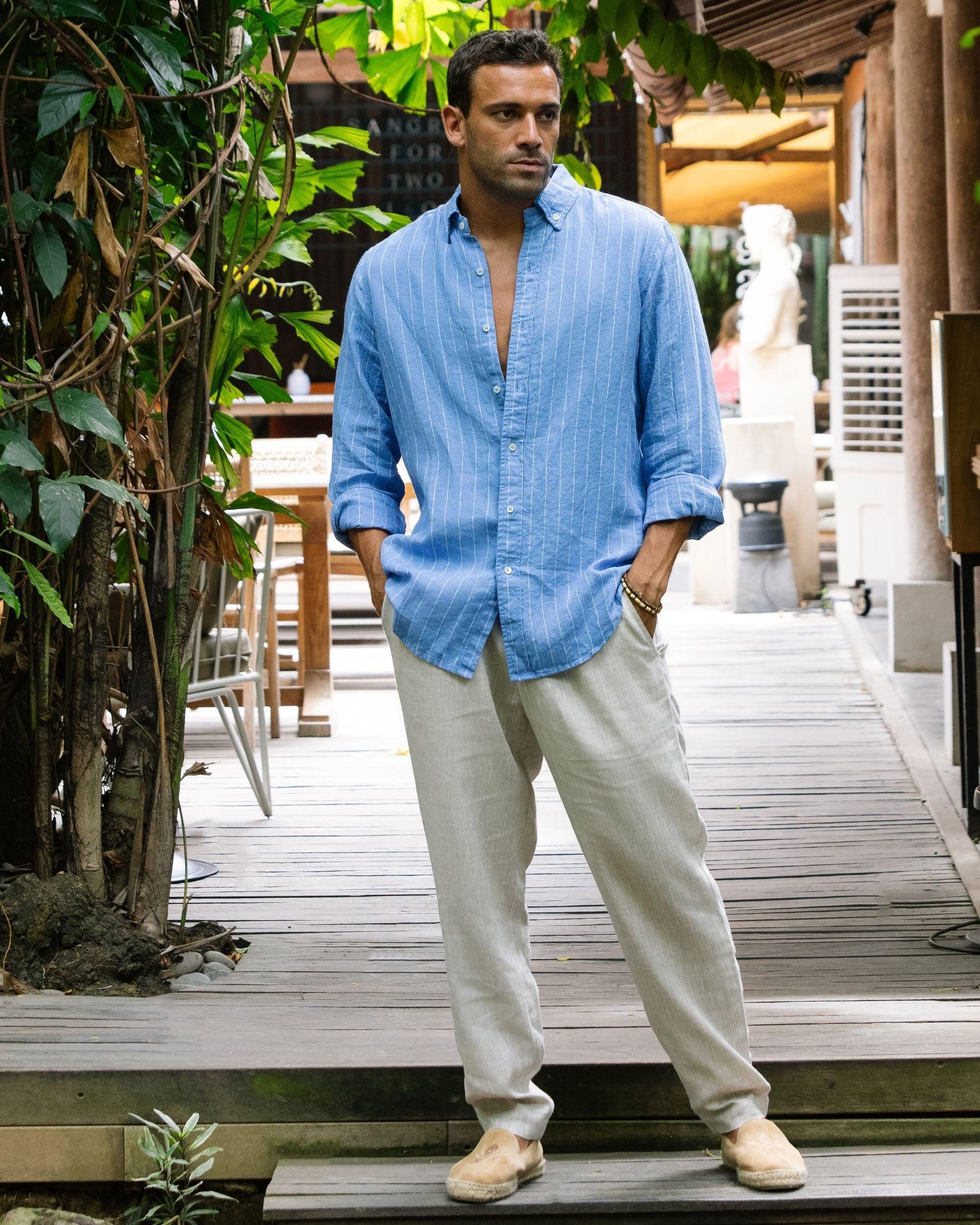 Men's Linen Shirt in Wheat - Classic Button-Down Shirt for Men - Long Sleeve Lightweight Linen Outfit, Look - Organic Clothing SINTRA