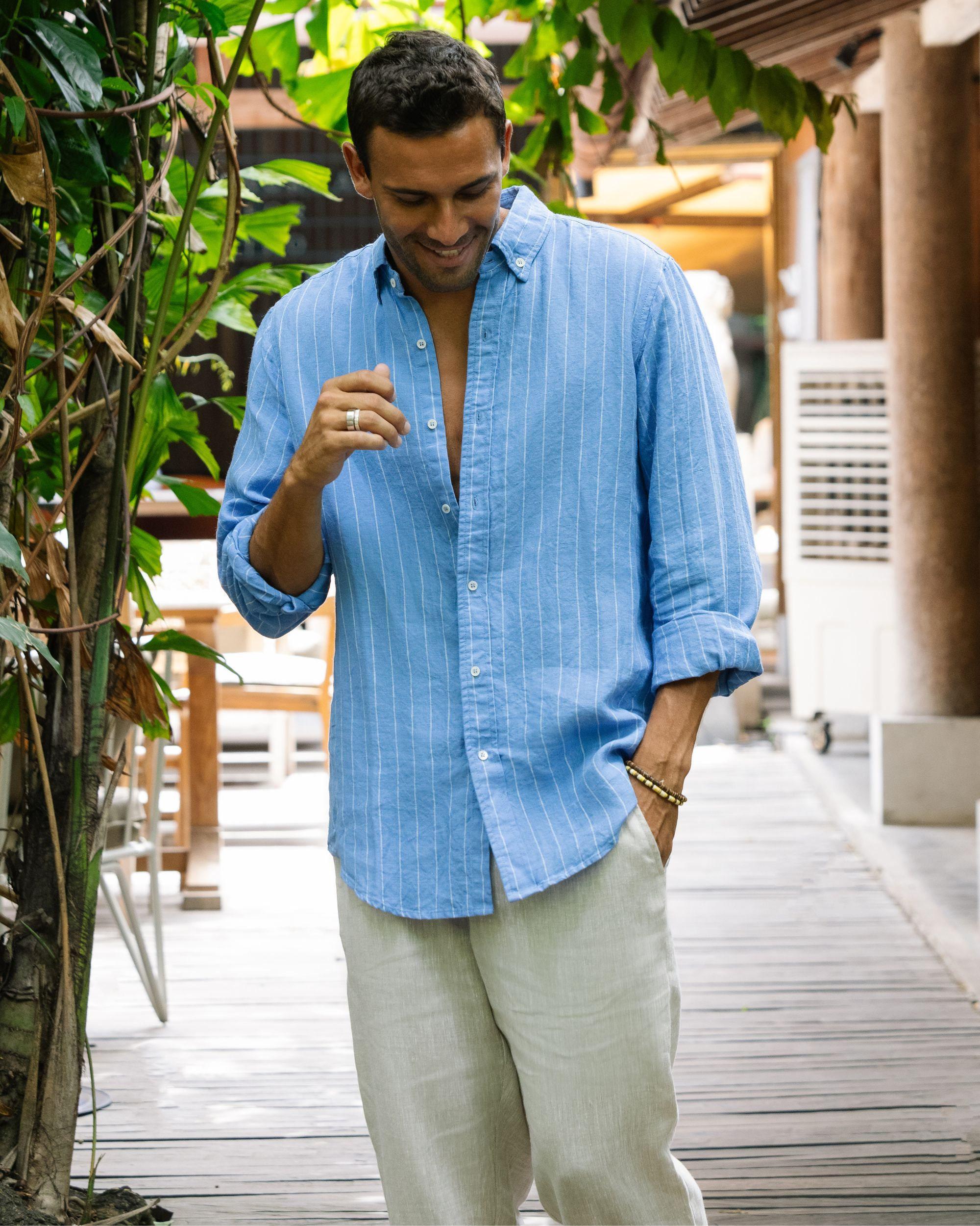 Men's Linen Shirt in Wheat - Classic Button-Down Shirt for Men - Long Sleeve Lightweight Linen Outfit, Look - Organic Clothing SINTRA