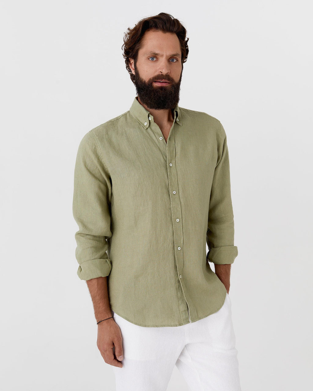 Men's Linen Shirt in Wheat - Classic Button-Down Shirt for Men - Long Sleeve Lightweight Linen Outfit, Look - Organic Clothing SINTRA