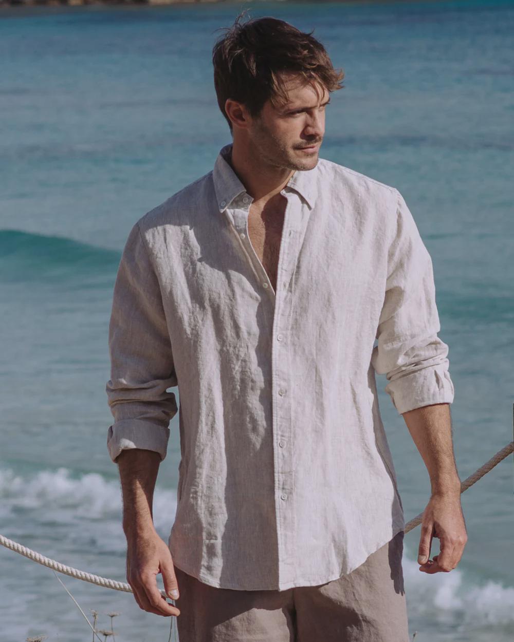 Men's Linen Shirt in Wheat - Classic Button-Down Shirt for Men - Long Sleeve Lightweight Linen Outfit, Look - Organic Clothing SINTRA