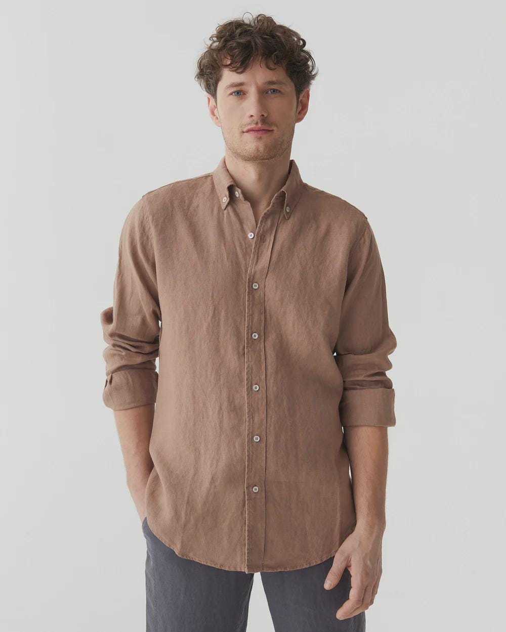 Men's Linen Shirt in Wheat - Classic Button-Down Shirt for Men - Long Sleeve Lightweight Linen Outfit, Look - Organic Clothing SINTRA