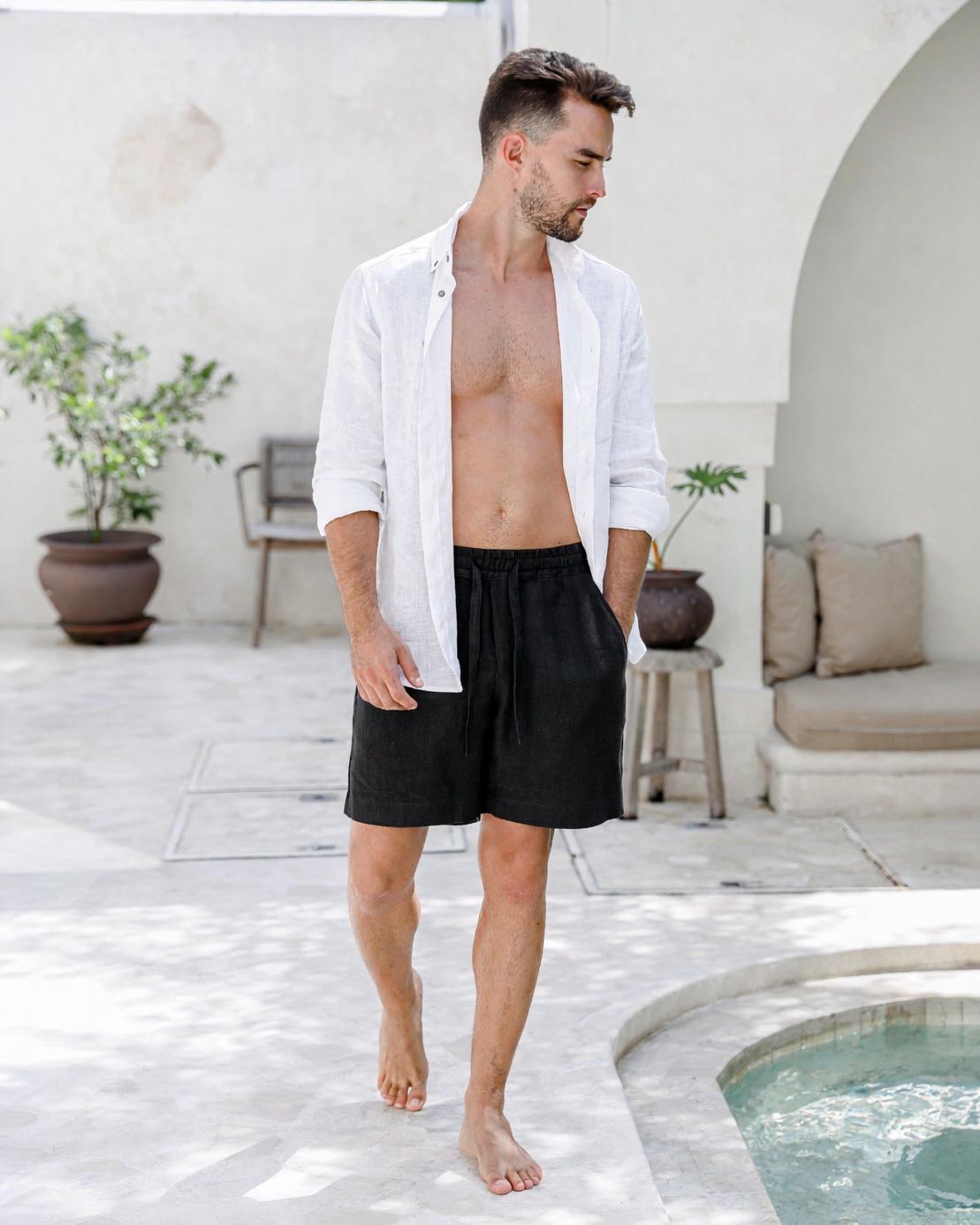 Mens Linen Shorts - Black Drawstring Shorts with Relaxed Fit - Lightweight Ethical Vacation Clothing - Breathable Outfit, Look STOWE