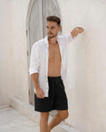 Mens Linen Shorts - Black Drawstring Shorts with Relaxed Fit - Lightweight Ethical Vacation Clothing - Breathable Outfit, Look STOWE